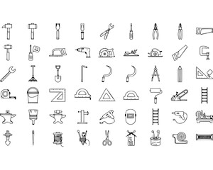 Collection of 50 unique hand-drawn sketch icons representing various concepts in a minimalist line art style for creative projects.