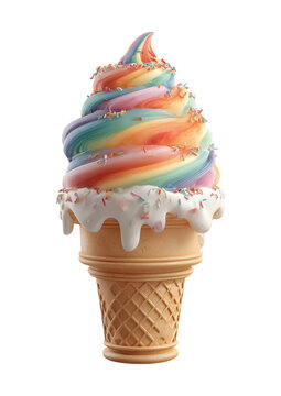 Delicious rainbow ice cream cone with sprinkles a sweet summer treat a fun colorful background isolated on png transparent background