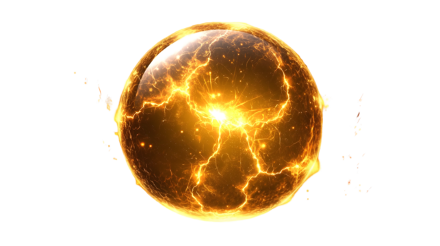 Yellow ball lightning on a transparent background. Abstract electric lightning strike. isolated on a transparent background