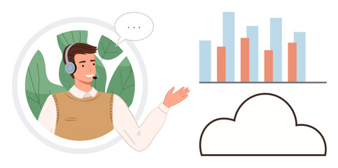 Male customer service agent wearing a headset, speaking with hand gesture, alongside charts and cloud graphic. Ideal for communication, technology, customer service, remote work, data analysis, cloud