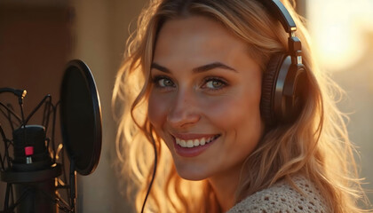 woman with headphones Confident podcaster woman smiling during live recording