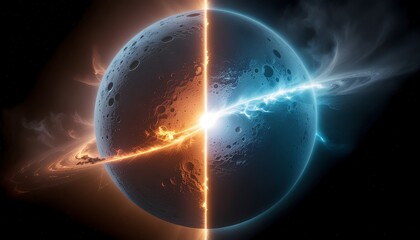 Surreal cosmic phenomenon splits a glowing planet in half with opposing forces of fiery orange and cool blue energy streams creating a dramatic celestial divide