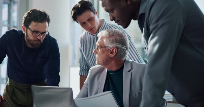 Conversation, documents and laptop with business people in office boardroom for finance review. Computer, meeting and paperwork with financial team in corporate workplace for admin or collaboration