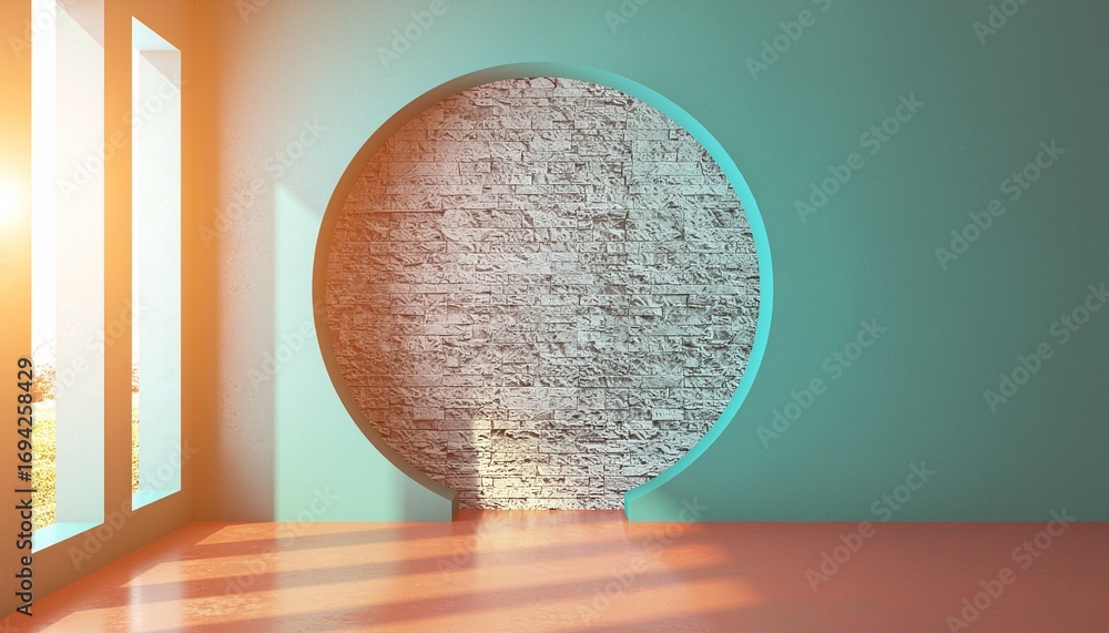 Poster abstract oval sculpture with textured surface illuminated by warm sunlight streaming through a windo