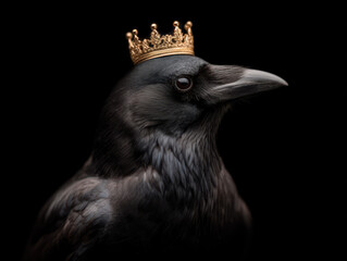 ​A black raven in profile with a golden crown before a dark background