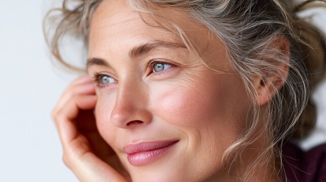 Portrait of a smiling woman with gray hair enjoying a moment of reflection in natural light