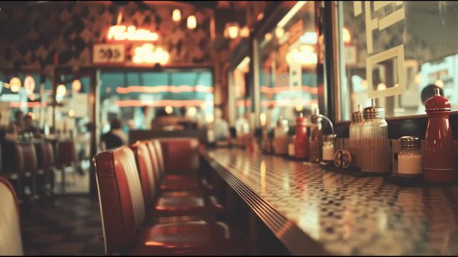 Vintage film-style photo of a classic diner scene, faded colors and film grain effect, warm nostalgic atmosphere