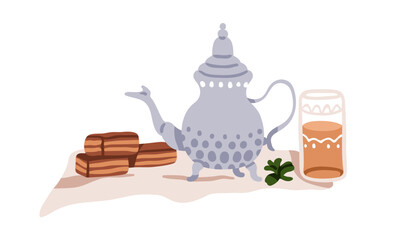 Mint tea in glass, metal pot with dessert, cookies. Herbal drink in teapot, Moroccan traditional pastry, bakery, sweet biscuits, minty herb. Flat vector illustration isolated on white background
