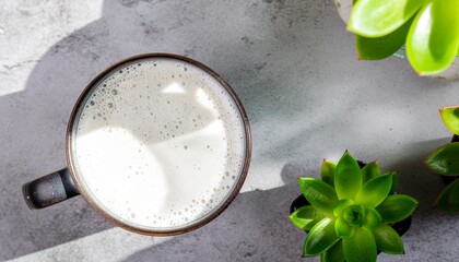 Overhead view of a steaming hot cup of frothy milk coffee or latte art on a textured grey surface with bright green succulent plants and dappled sunlight