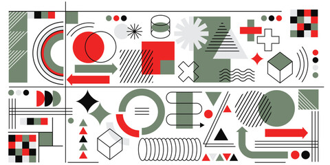 set of abstract graphic elements in the Memphis style is drawn with colored flat shapes and a black outline. arrows of various configurations and directions. stock vector illustration. EPS 10.