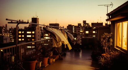 Nostalgic urban rooftop terrace at sunset with potted plants and drying laundry. Melancholic 80s-90s vhs aesthetic. City skyline view. Retro apartment living concept.