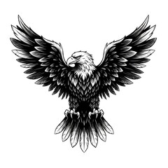 Obraz premium A powerful, detailed illustration of a majestic eagle in flight, showcasing intricate feather details and bold, graphic lines.