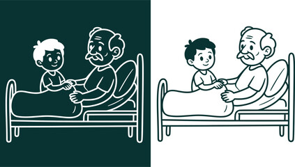 Illustration of grandfather in hospital bed with grandson visiting and holding hands vector art