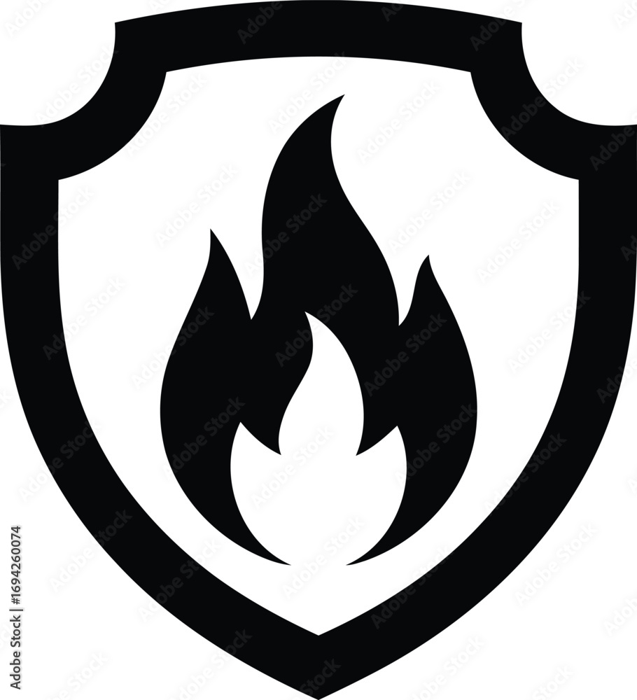 Poster bold shield emblem displaying a dynamic fire iconography symbolizing protection safety and security 