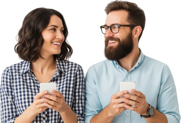 Smiling man with glasses and beard looks at woman holding a smartphone