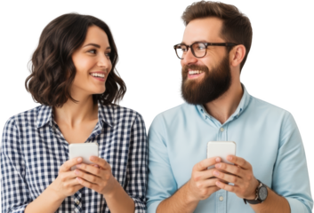 Smiling man with glasses and beard looks at woman holding a smartphone