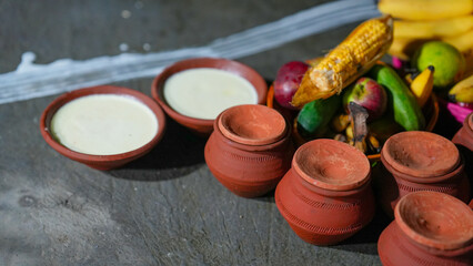 Clay Bowls Filled with Curd for Chaurchan Puja Offering