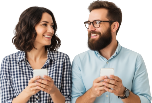 Smiling man with glasses and beard looks at woman holding a smartphone