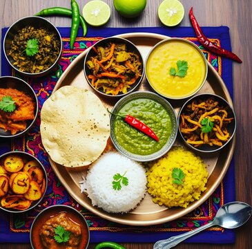 Flat lay of traditional Bengali meal featuring Amloki chutney in a small bowl, served with rice, lentils, and fried papad, showcasing cultural food heritage.