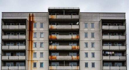 Melancholic urban apartment building with gray facade and balconies. Retro 80s-90s architectural style. VHS aesthetic. Nostalgic cityscape for vintage-inspired design project.