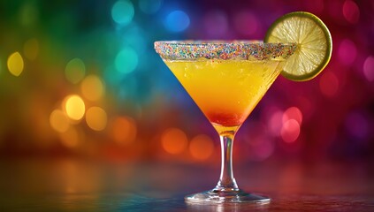 A colorful cocktail in an elegant martini glass, garnished with a lemon or lime twist and salt on the rim of the drink, set against a vibrant rainbow background