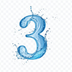 abstract 3d number 3 digit made by water splash in different style isolated on transparent background