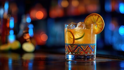 A colorful cocktail in an old-fashioned glass with ice cubes, lemon and lime slices on the rim of the drink, with geometric patterns on it
