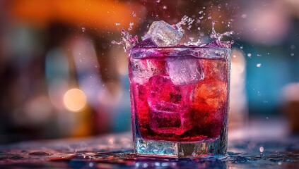 A colorful cocktail with ice cubes being splashed, centered in the frame against a blurred background of a bar table