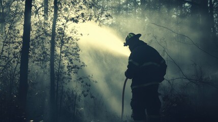 Brave firefighter battling a forest fire with powerful streams of water and unwavering resolve