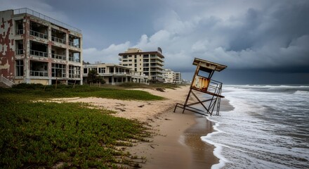 Stormy beach with lifeguard tower and abandoned buildings. Gloomy coastal landscape. Deserted seaside resort. Melancholic 80s-90s vhs style. Atmospheric ocean scene.