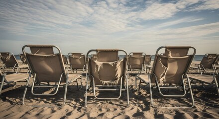 Empty beach chairs on sandy shore at dusk. Melancholic 80s-90s vhs style scene. Solitude and tranquility concept for nostalgic summer vacation postcard or retro travel poster