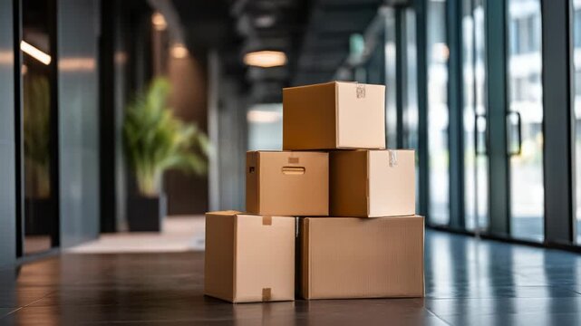 Moving boxes stacked in office hallway during relocation process