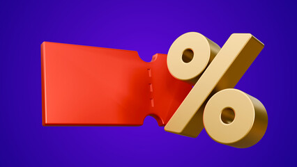 Coupon with golden percent sign isolated on purple background. Special giveaway with voucher. Gift voucher with percent symbol. Promotion or cashback concept. Sale label, tag banner. Discount concept.