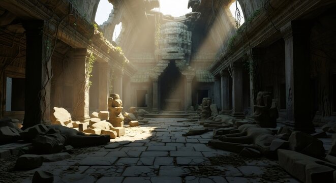 Sunbeams illuminate abandoned ancient ruins with crumbling pillars and stone pathway. Melancholic atmosphere of lost civilization. Conceptual image for history, decay
