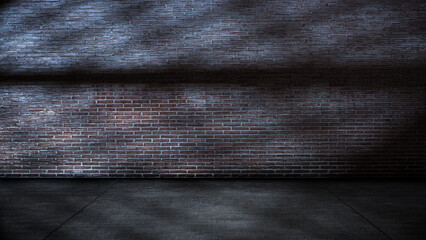 Light beam shines across the interior of the room with red brick walls and a concrete floor....