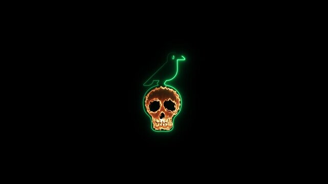 Glowing neon crow and human skeleton head icon. on the transparent background. horror concept. 4k video motion graphic animation