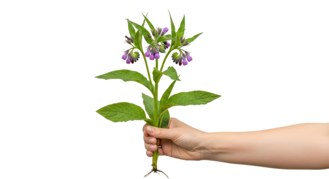 offering natures healing touch a hand presents vibrant comfrey blossoms, isolated on transparent background - Powered by Adobe