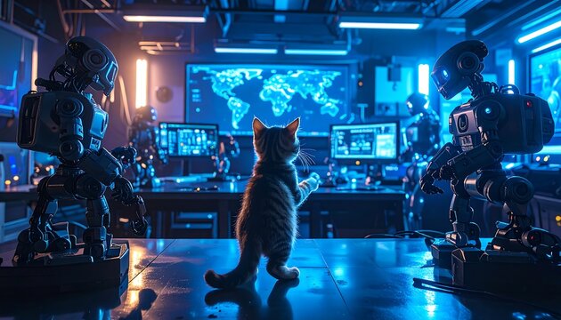 Futuristic room with robots and a cat