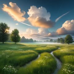 a quiet meadow scene with luminous free floating clouds drifting above casting soft glowing light transforming ordinary landscape into tranquil dreamlike scenery