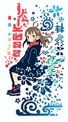 物思いにふける女性、イラスト、パッチワーク