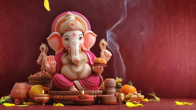 Divine Presence of Ganesha: Exquisite statue of the elephant-headed god, symbolizing wisdom and prosperity artfully arranged with offerings on rich warm background, embodying peace and auspiciousness