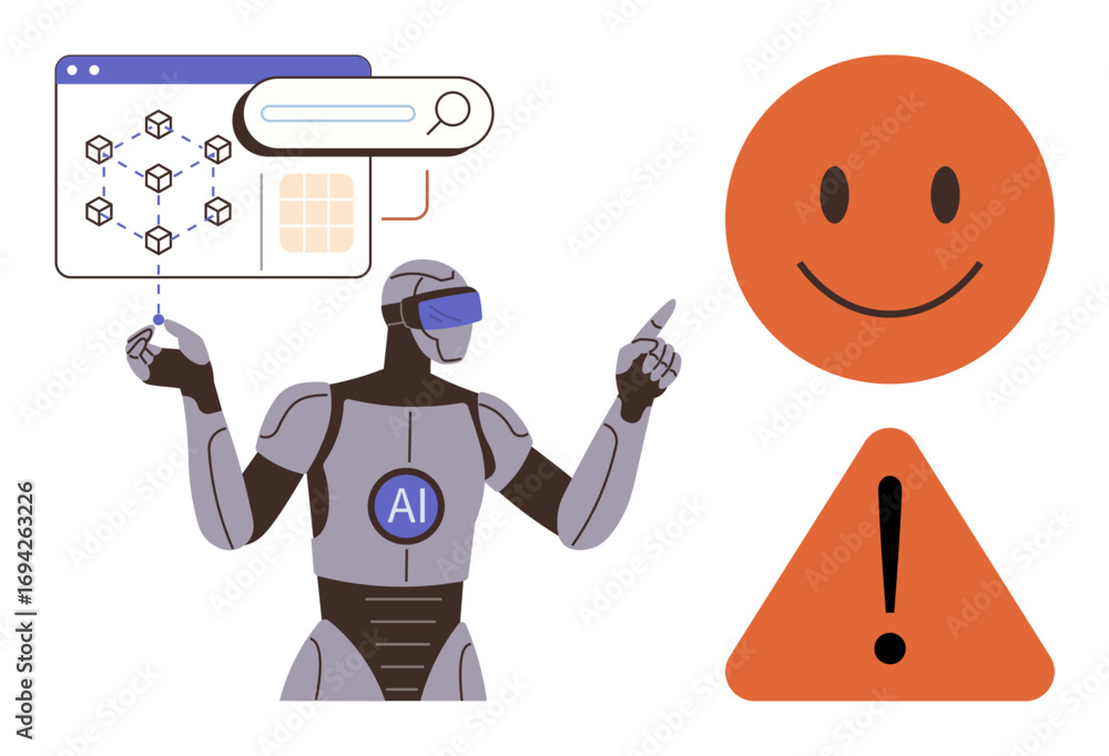 Aufkleber robotic figure interacting with data structures, happy face, and warning sign. ideal for technology,
