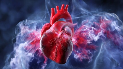 3D Rendering of a Human Heart Pumping Rhythmically with Smoke Effects and Dark Background