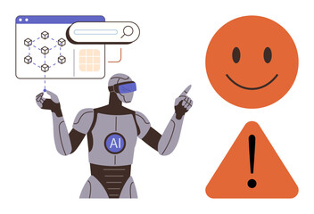 Robotic figure interacting with data structures, happy face, and warning sign. Ideal for technology, AI ethics, innovation, data analysis, user experience problem solving automation themes. Simple
