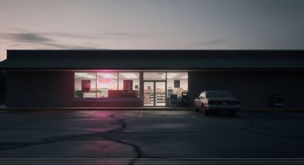 Lonely convenience store at dusk with neon lights and parked car. Retro 80s-90s atmosphere. Melancholic suburban scene. Nostalgic americana vibe for moody cinematic shot