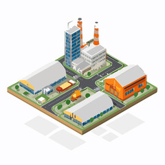 Isometric industrial park with factories and warehouses in urban setting