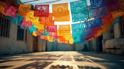 Naklejka premium Bright Mexican holiday image of papel picado banners lit by daylight. Thin tissue paper patterns radiate color and tradition, symbolizing heritage and shared celebration