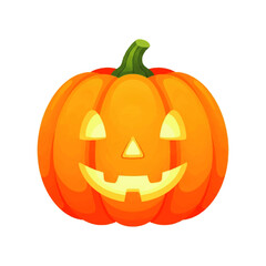 A cheerful jack-o'-lantern pumpkin glows brightly against a white background, radiating autumnal joy and Halloween spirit.