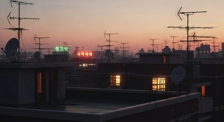 Melancholic cityscape at dusk with rooftop antennas and glowing windows. Nostalgic 80s-90s urban scene. Retro vhs style image for atmospheric wallpaper or cinematic backdrop.