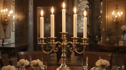 Elegant FiveCandle Candelabra with White Taper Candles and Warm Lighting